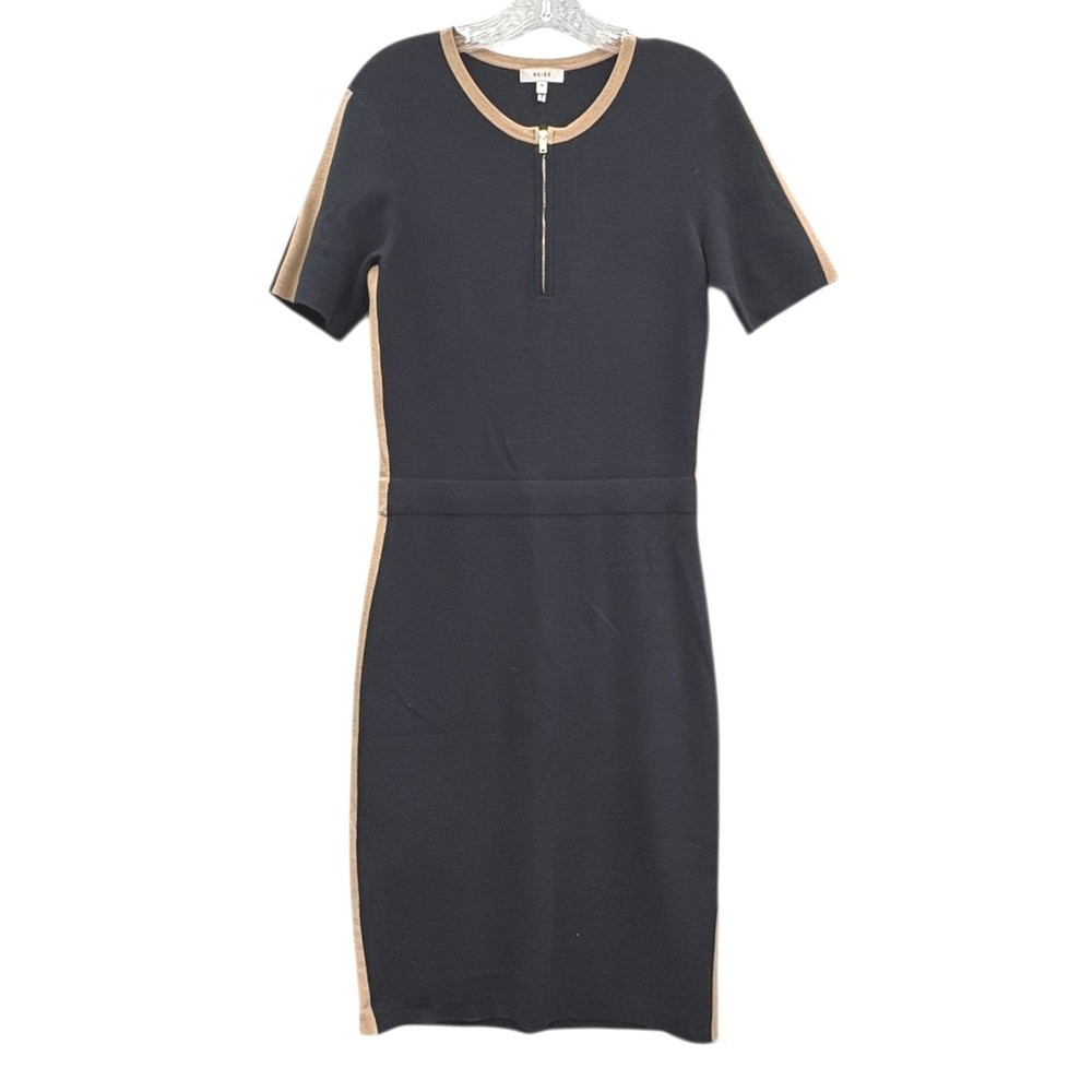 Reiss Rosie Knit Midi Dress Navy Side‎ Stripe Zip Front Chic Bodycon Classic M